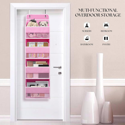 Pink Over Door Organizer with 4 Large Clear Pockets, Hanging Door Storage for Nursery, Bedroom, Bathroom, Closet, Toys, Diapers, Cosmetics, Baby Essentials
