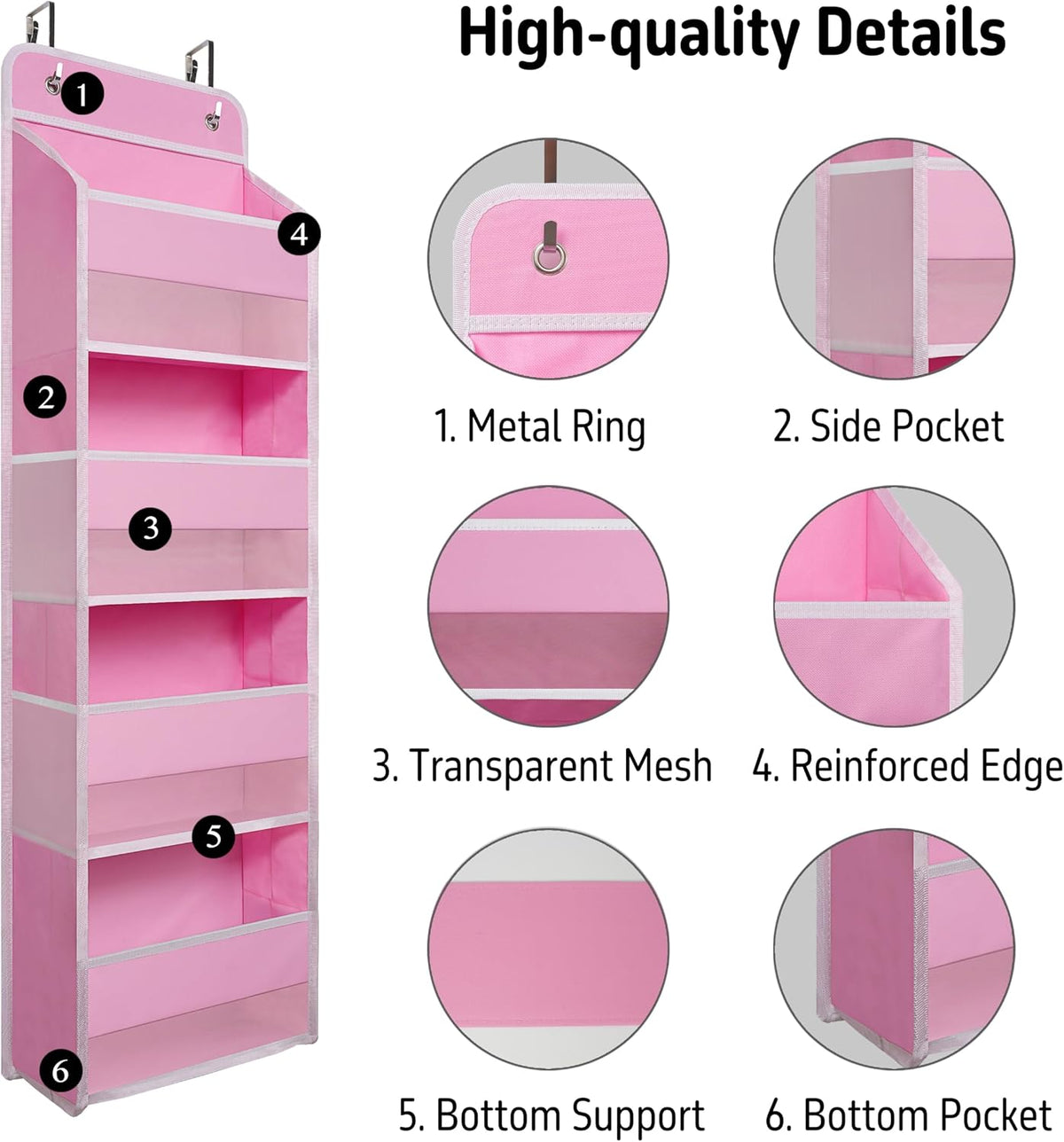 Pink Over Door Organizer with 4 Large Clear Pockets, Hanging Door Storage for Nursery, Bedroom, Bathroom, Closet, Toys, Diapers, Cosmetics, Baby Essentials