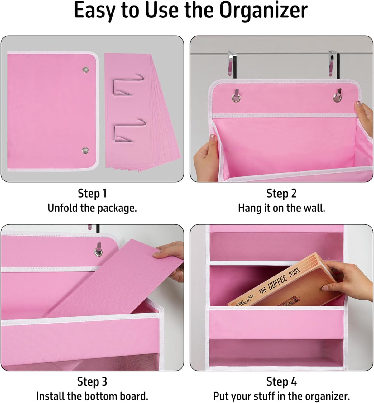 Pink Over Door Organizer with 4 Large Clear Pockets, Hanging Door Storage for Nursery, Bedroom, Bathroom, Closet, Toys, Diapers, Cosmetics, Baby Essentials