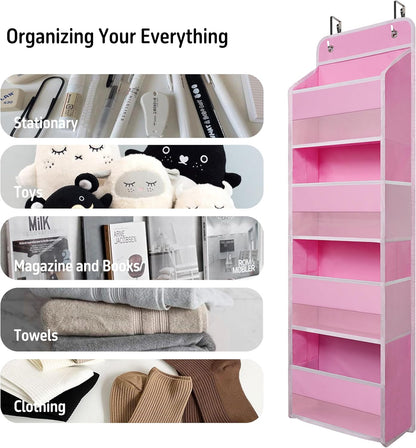 Pink Over Door Organizer with 4 Large Clear Pockets, Hanging Door Storage for Nursery, Bedroom, Bathroom, Closet, Toys, Diapers, Cosmetics, Baby Essentials