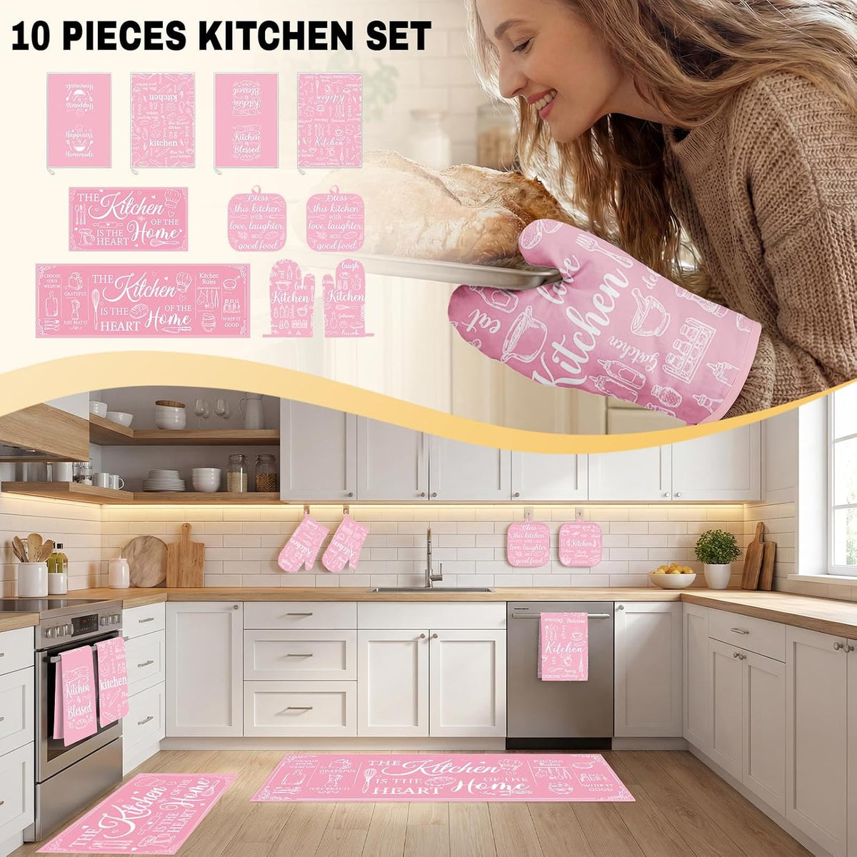 10 Pack Kitchen Decor and Accessories Set, Pink Retro