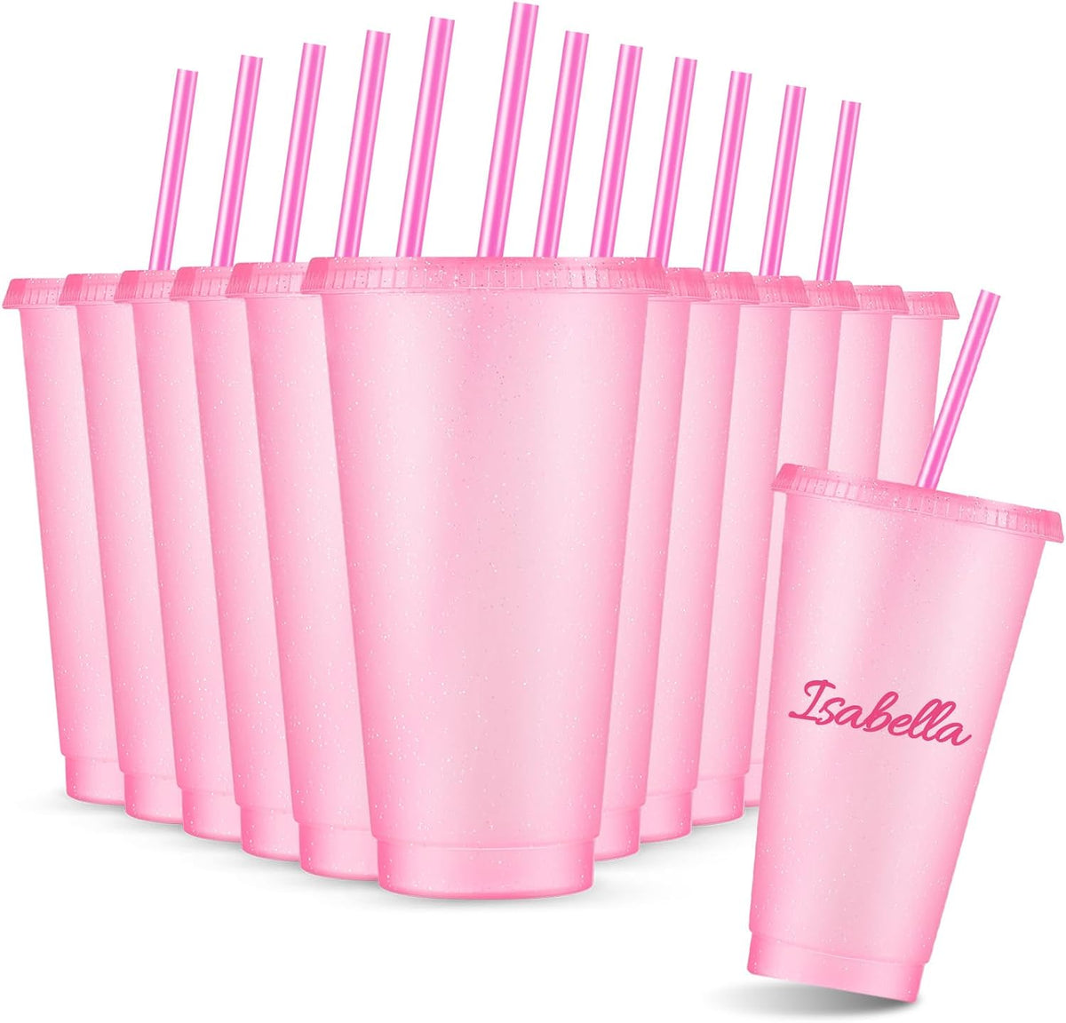 12 Pcs Reusable Glitter Cup with Lid and Straw, Light Pink