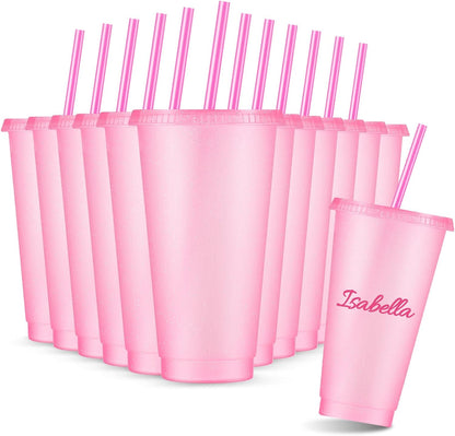 12 Pcs Reusable Glitter Cup with Lid and Straw, Light Pink