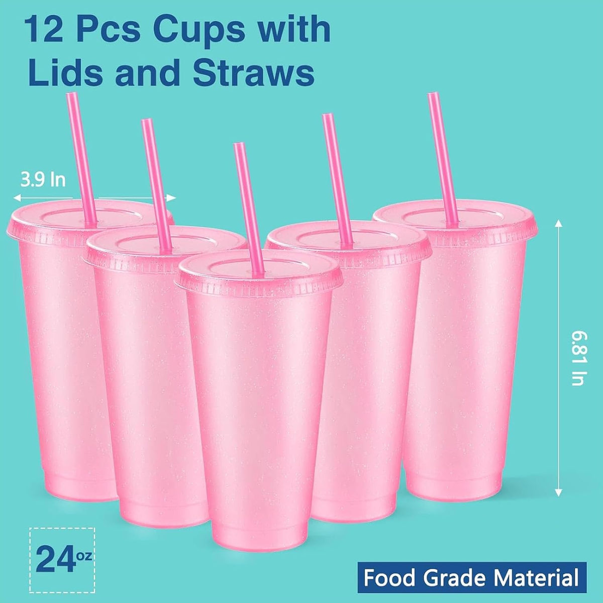 12 Pcs Reusable Glitter Cup with Lid and Straw, Light Pink