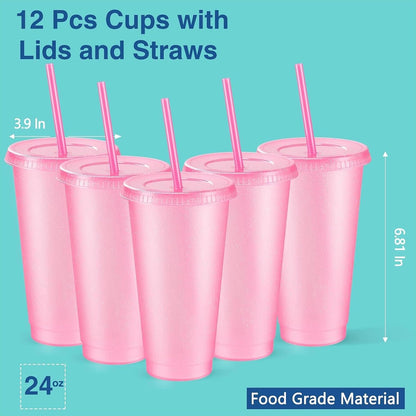 12 Pcs Reusable Glitter Cup with Lid and Straw, Light Pink
