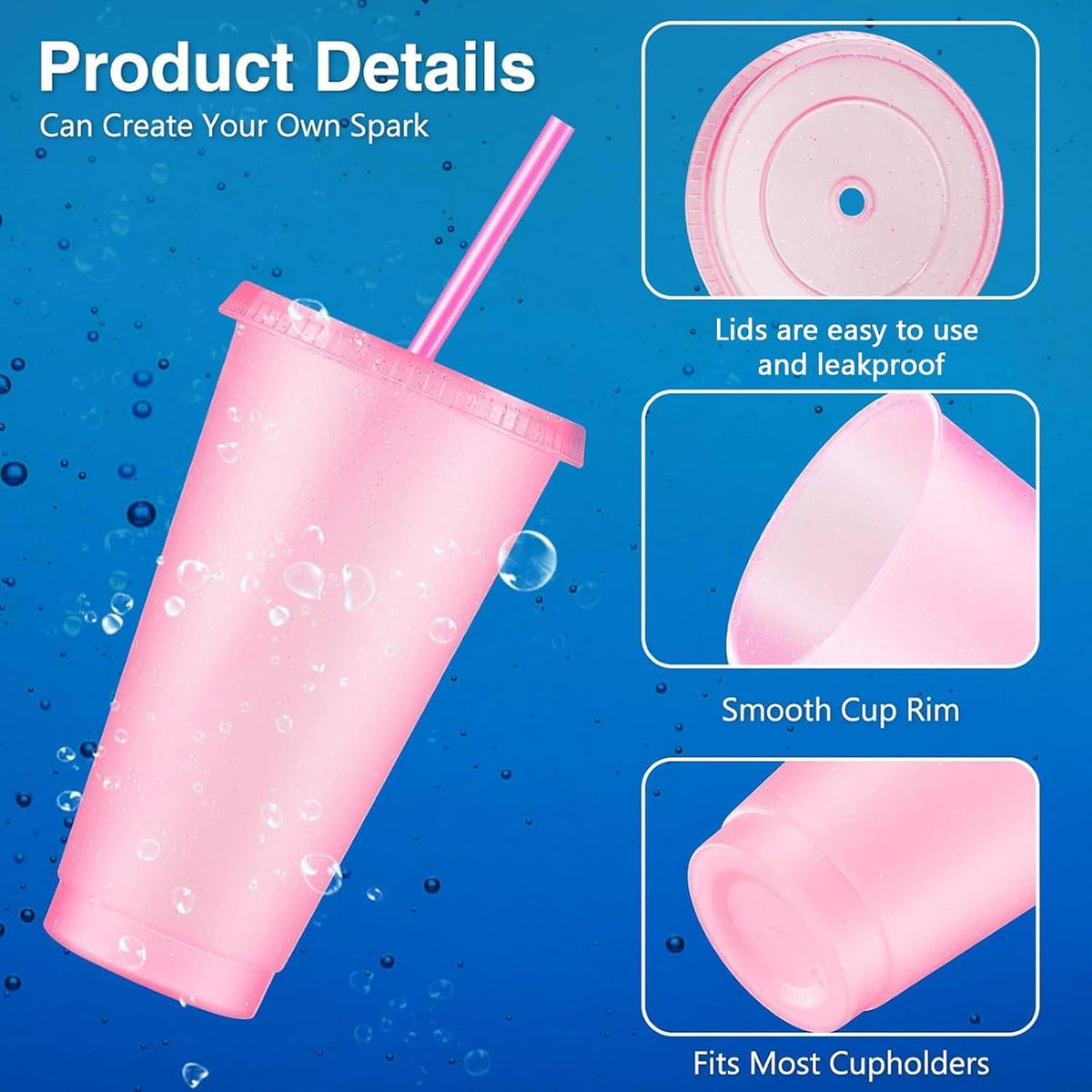 12 Pcs Reusable Glitter Cup with Lid and Straw, Light Pink