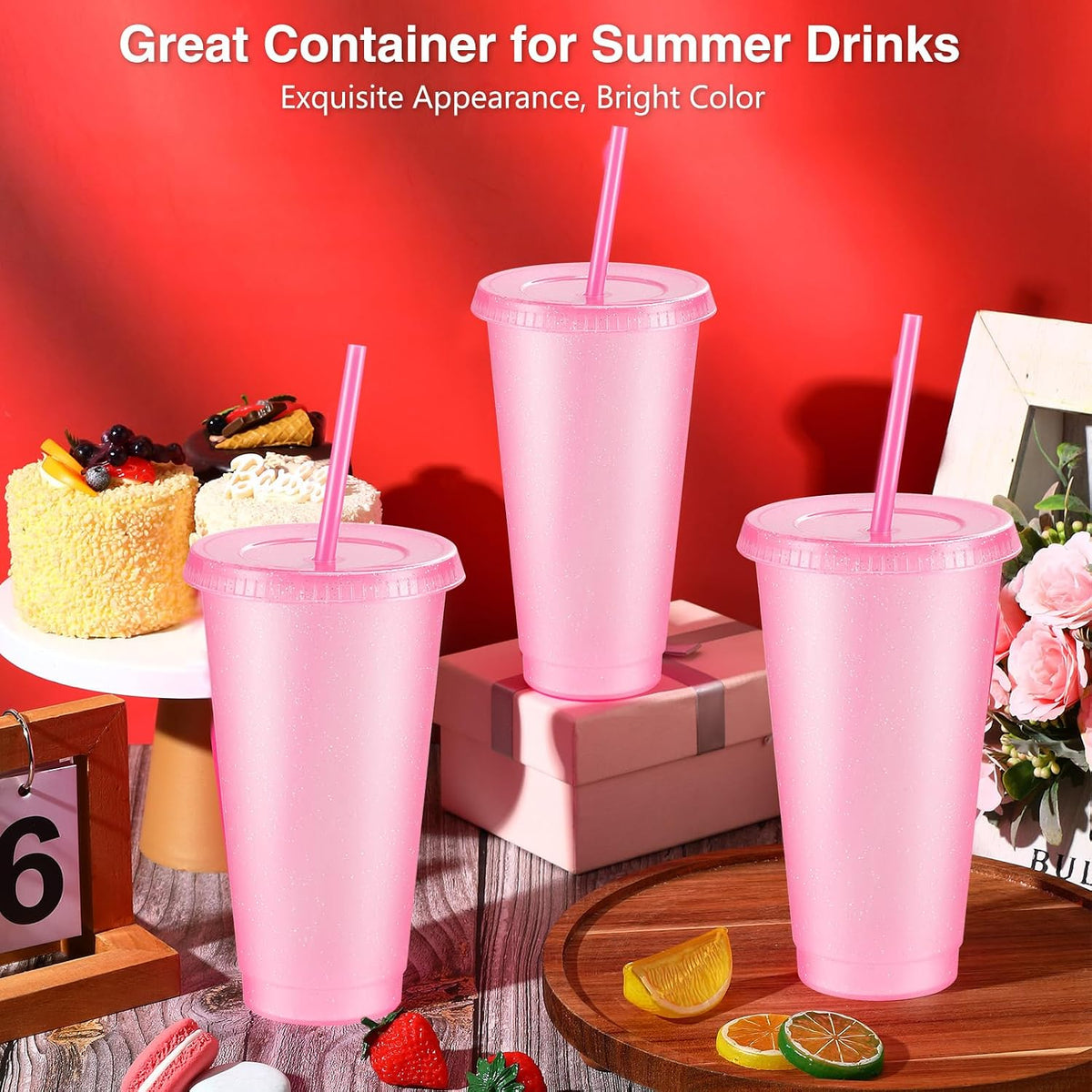 12 Pcs Reusable Glitter Cup with Lid and Straw, Light Pink