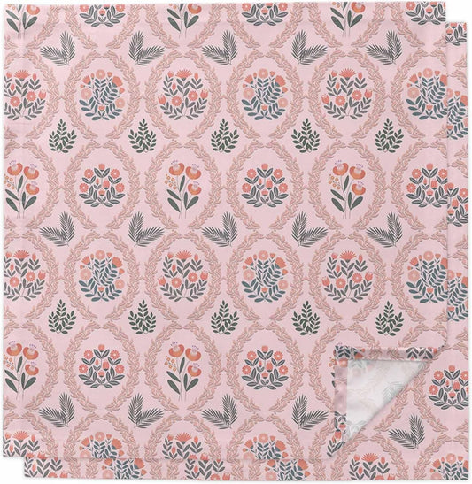 Vintage Flower Pattern Spring Floral Leaves Plants Pink Washable Reusable Dinner Cocktail Napkin for Kitchen Party Wedding Banquet Holiday Baby Shower Table Decor