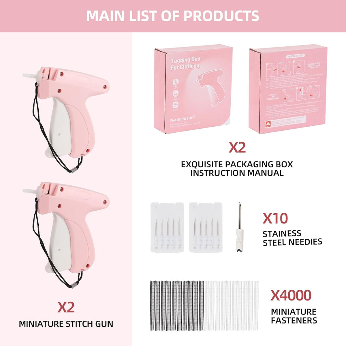 2 Pack Stitch Gun for Clothes, Stitchy Microstitch Tag Gun Quick Clothing Fixer - Sewing Kit Includes 10 Needle, 4000 Fasteners (Pink)