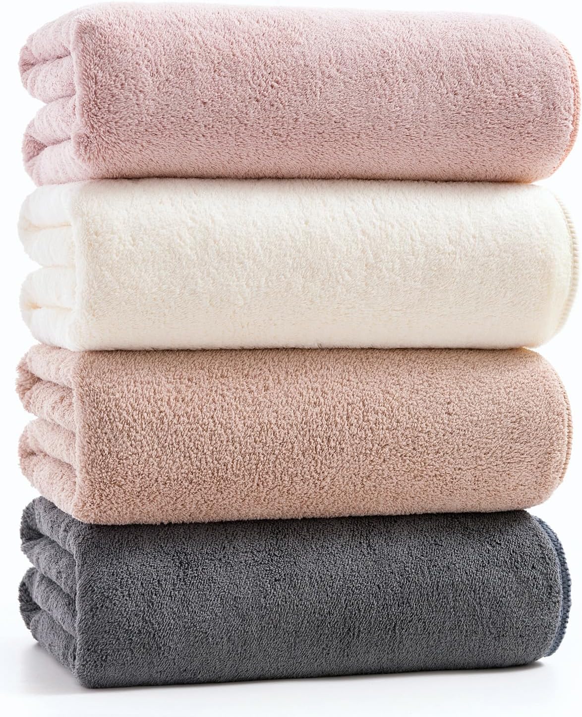 Quick-Drying Microfiber Towel Set - 4-Piece Mixed Color Bath Towel Set, Highly Absorbent, Lint Free Design for Bath, Beach, and Gym -Pink+White+Khaki+Dark Gray, 28 x 55 inches