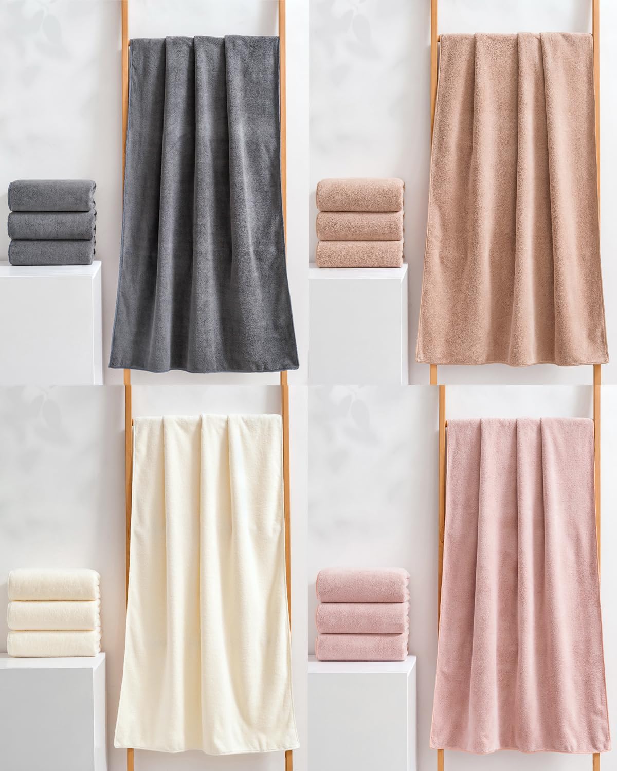 Quick-Drying Microfiber Towel Set - 4-Piece Mixed Color Bath Towel Set, Highly Absorbent, Lint Free Design for Bath, Beach, and Gym -Pink+White+Khaki+Dark Gray, 28 x 55 inches