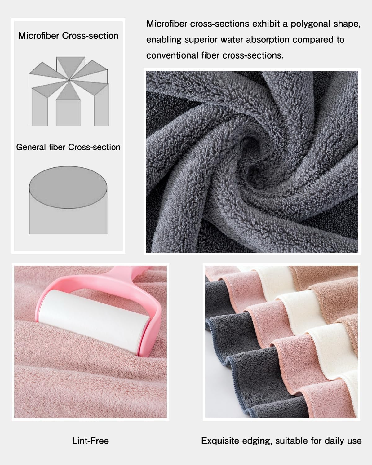 Quick-Drying Microfiber Towel Set - 4-Piece Mixed Color Bath Towel Set, Highly Absorbent, Lint Free Design for Bath, Beach, and Gym -Pink+White+Khaki+Dark Gray, 28 x 55 inches