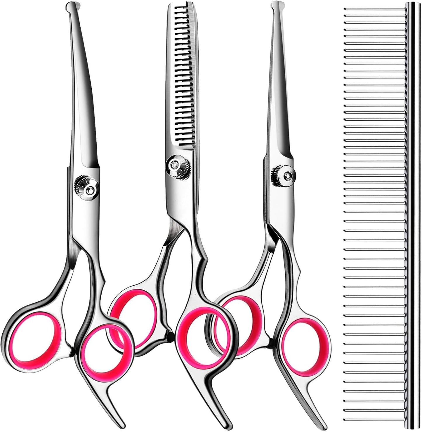 Dog Grooming Kit, Professional Stainless Steel Dog Grooming Scissors with Curved Shears, Pink Finger Rings - 4 Piece Sharp Durable Pet Shears for Dogs Cats At Home Salon-Quality Grooming
