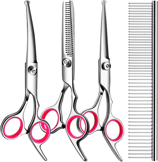 Dog Grooming Kit, Professional Stainless Steel Dog Grooming Scissors with Curved Shears, Pink Finger Rings - 4 Piece Sharp Durable Pet Shears for Dogs Cats At Home Salon-Quality Grooming