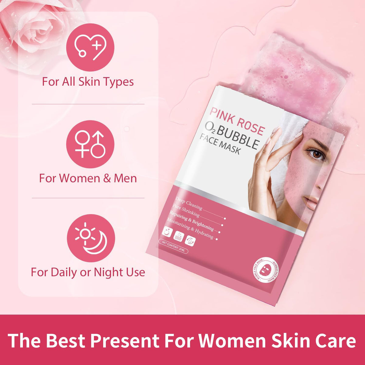 Pack of 10 Pink Rose O2 Bubble Face Masks Skincare, Spa Presents for Women, Bubble Face Sheet Mask Cleaner Foaming Purifying Facial Mask for Acne and Pores Moisturizing Beauty Sheet Masks