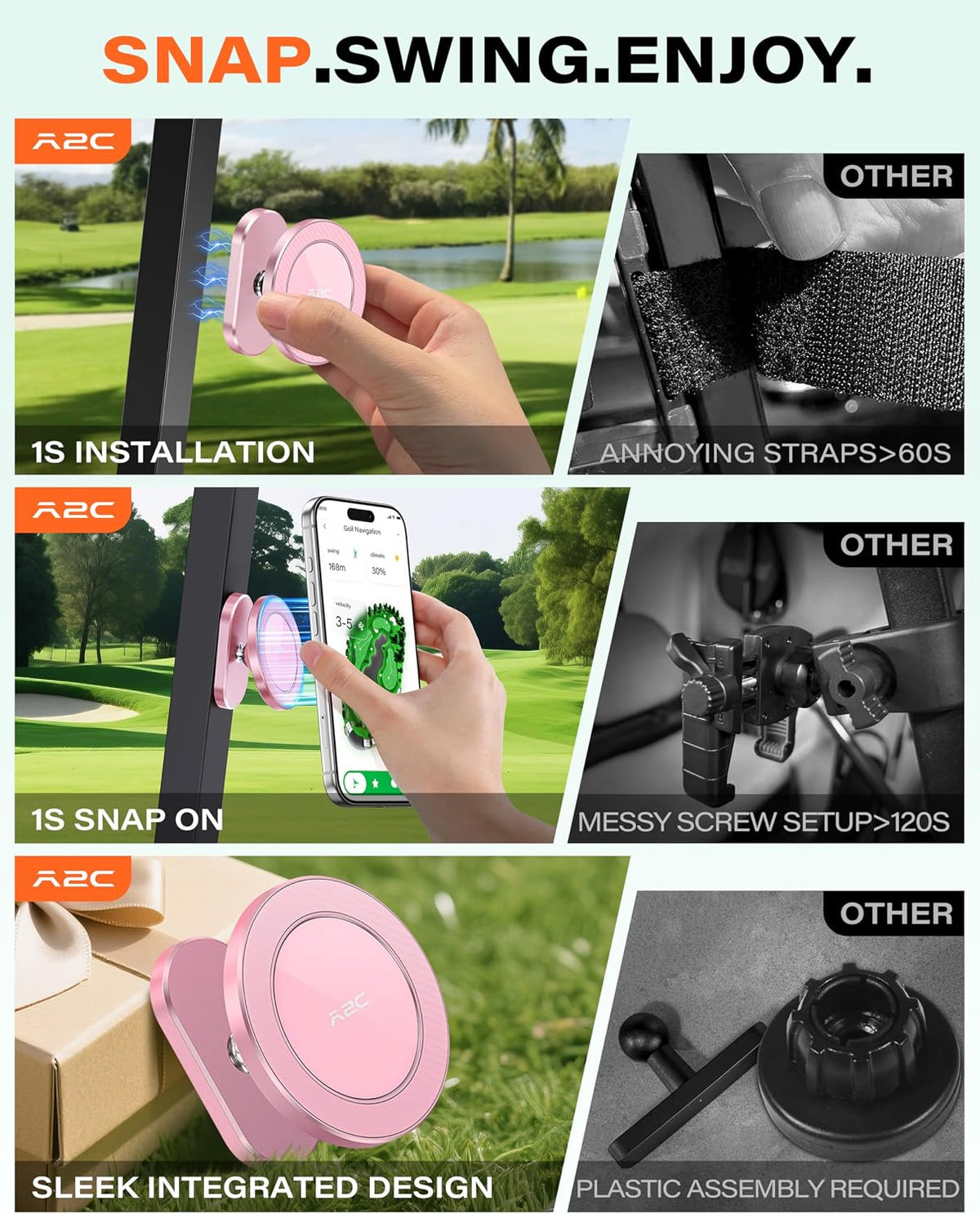 A2C Pink Alloy Magnetic Golf Cart Phone Holder, Golf Accessories for Women