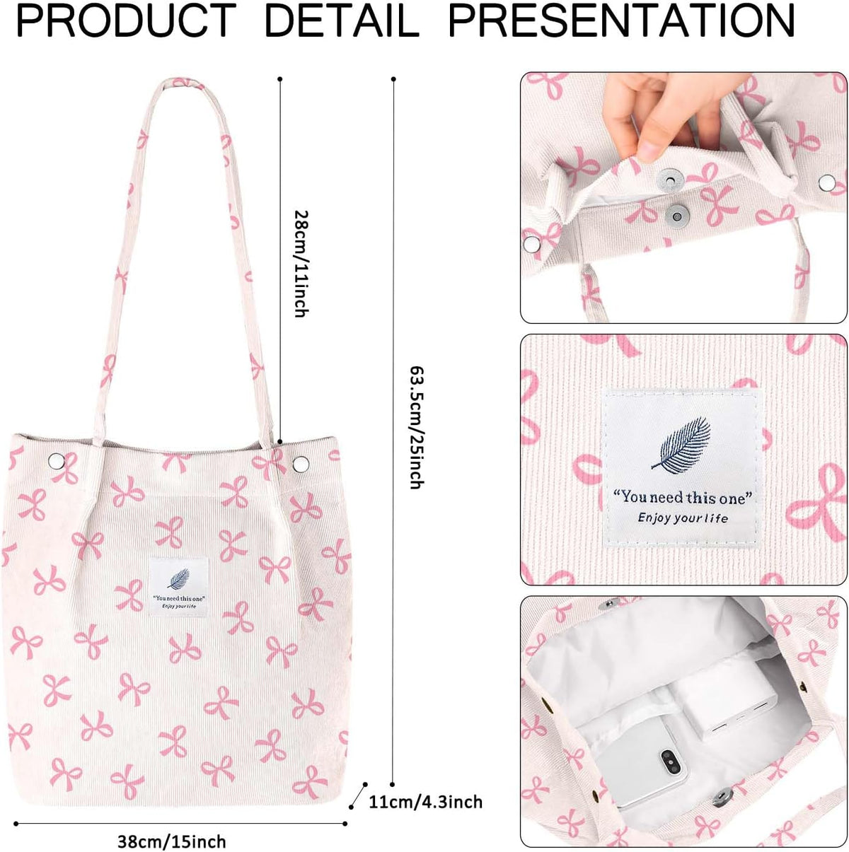 Ayieyill Corduroy Tote Bag for Women Canvas Shoulder Cord Purse with Inner Pocket