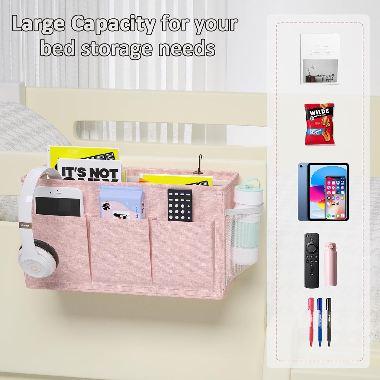 Bedside Caddy Storage Organizer for Bed Rails, Bed Caddy with 6 Pockets | Bedside Organizer with Fixed Straps and Hooks, Mattress Supported Versatile for Home, Dorm, Bunk, Hospital and Crib Bed