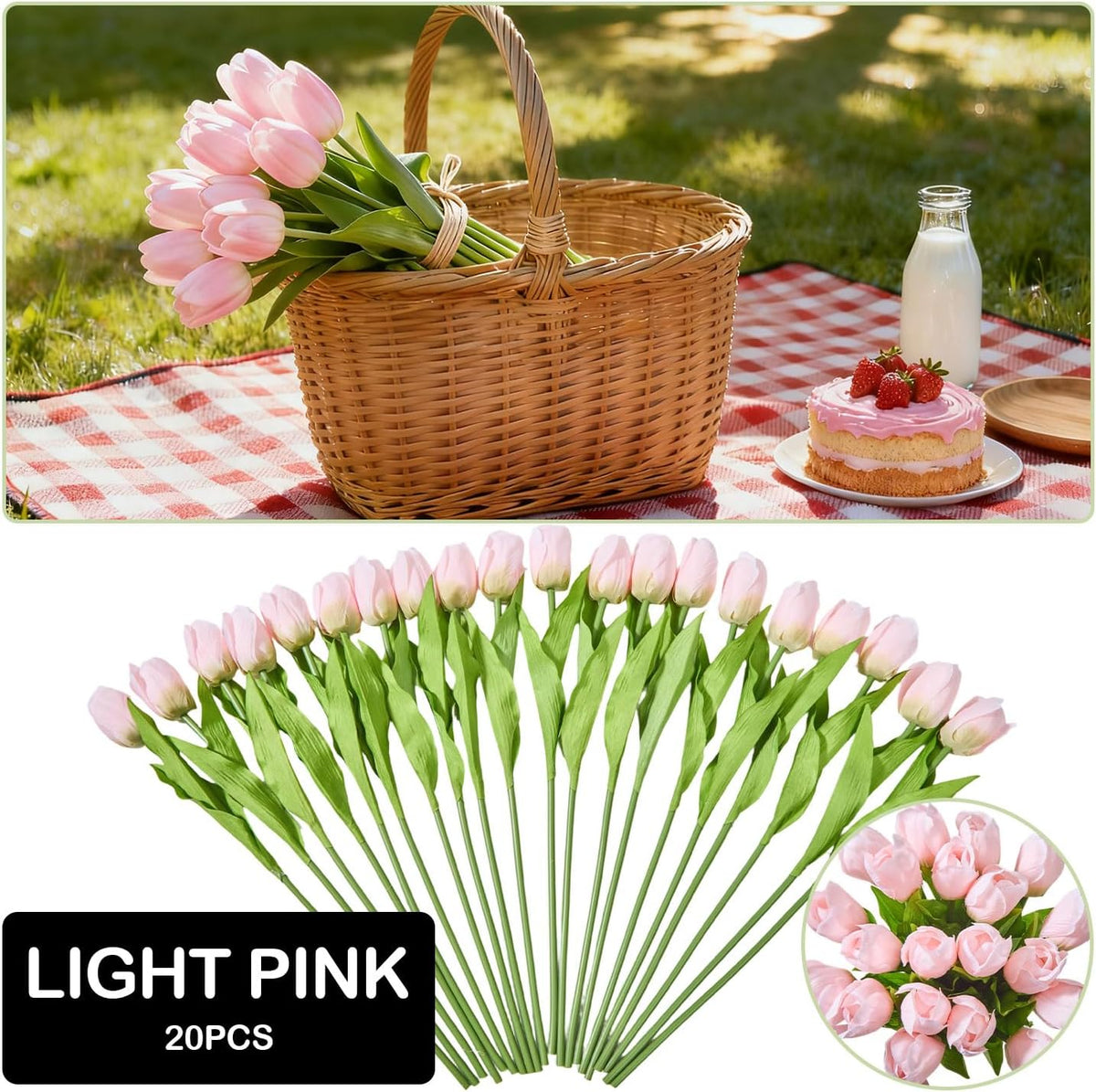 Artificial Tulips 20 pcs (Light Pink) Silk Flowers for Wedding Spring Bouquet Home Decoration Office for Kitchen Island and Dining Table, Spring Decor for Easter