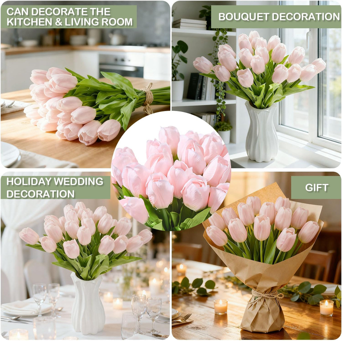 Artificial Tulips 20 pcs (Light Pink) Silk Flowers for Wedding Spring Bouquet Home Decoration Office for Kitchen Island and Dining Table, Spring Decor for Easter