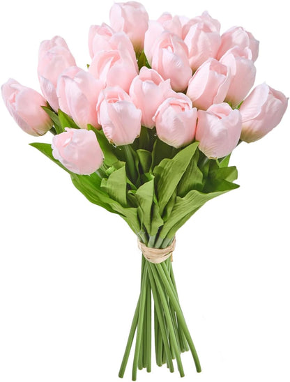 Artificial Tulips 20 pcs (Light Pink) Silk Flowers for Wedding Spring Bouquet Home Decoration Office for Kitchen Island and Dining Table, Spring Decor for Easter