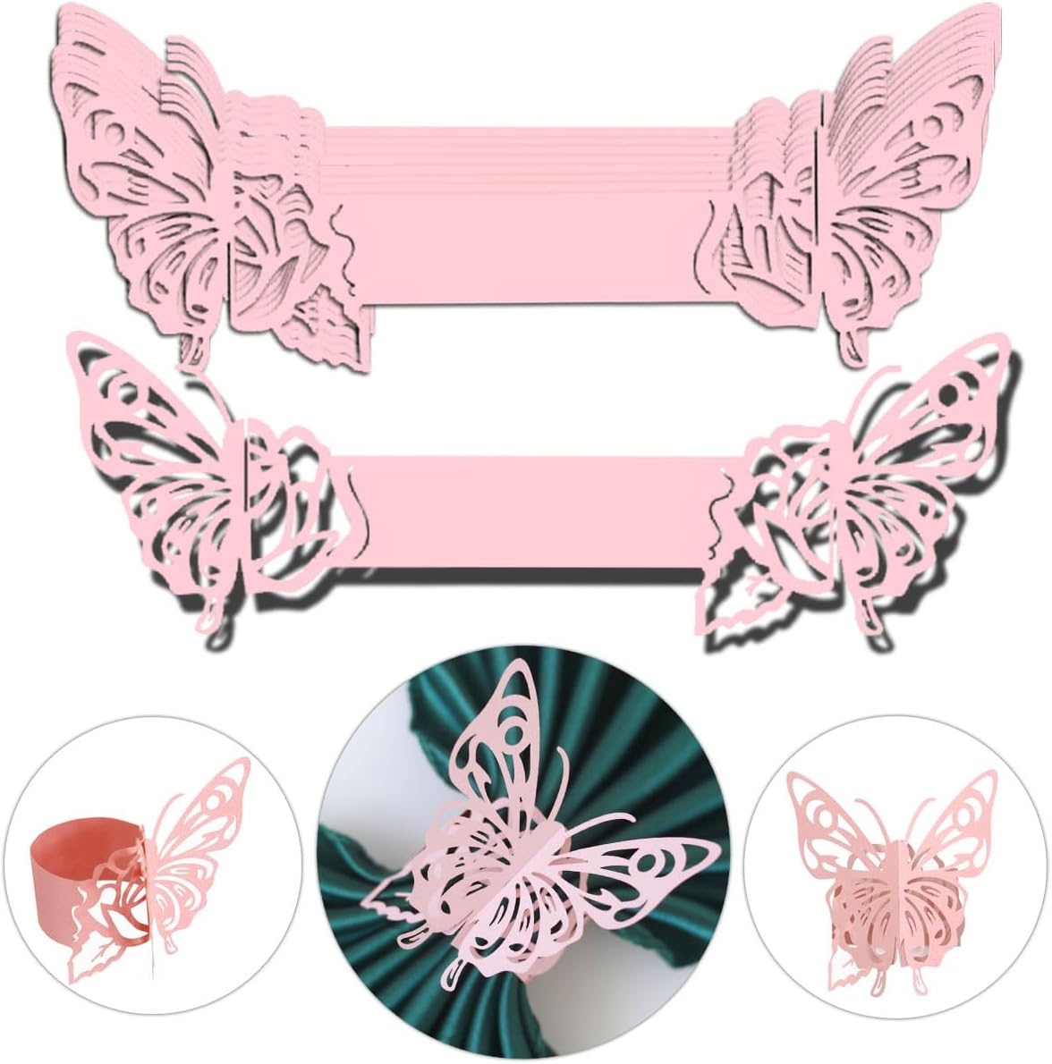 Butterfly Paper Napkin Rings,Pink Disposable 3D Laser Cut Butterfly Rose Shape Foil Paper Napkin Holder for Weddings Party Serviette Table Decoration Restaurant Bridal Shower Banquet Supply (Pink)