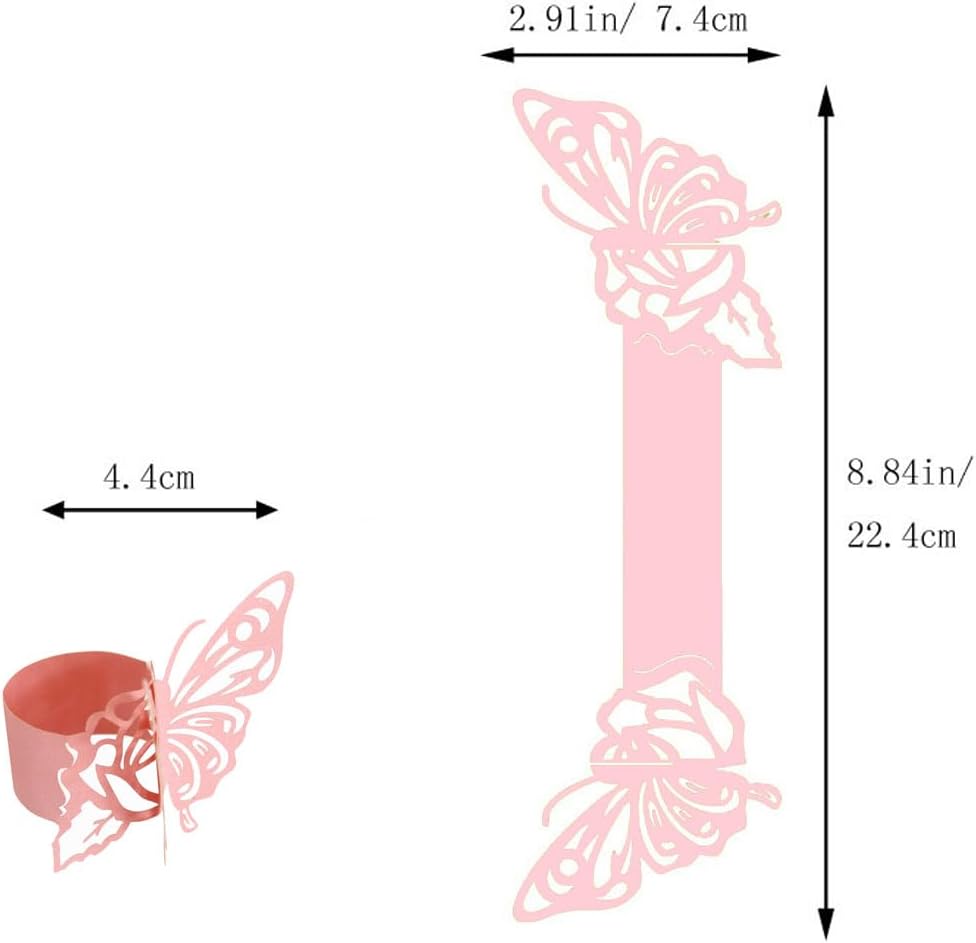 Butterfly Paper Napkin Rings,Pink Disposable 3D Laser Cut Butterfly Rose Shape Foil Paper Napkin Holder for Weddings Party Serviette Table Decoration Restaurant Bridal Shower Banquet Supply (Pink)