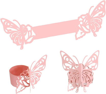 Butterfly Paper Napkin Rings,Pink Disposable 3D Laser Cut Butterfly Rose Shape Foil Paper Napkin Holder for Weddings Party Serviette Table Decoration Restaurant Bridal Shower Banquet Supply (Pink)