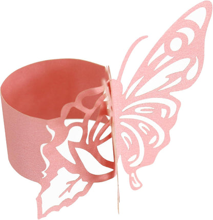 Butterfly Paper Napkin Rings,Pink Disposable 3D Laser Cut Butterfly Rose Shape Foil Paper Napkin Holder for Weddings Party Serviette Table Decoration Restaurant Bridal Shower Banquet Supply (Pink)