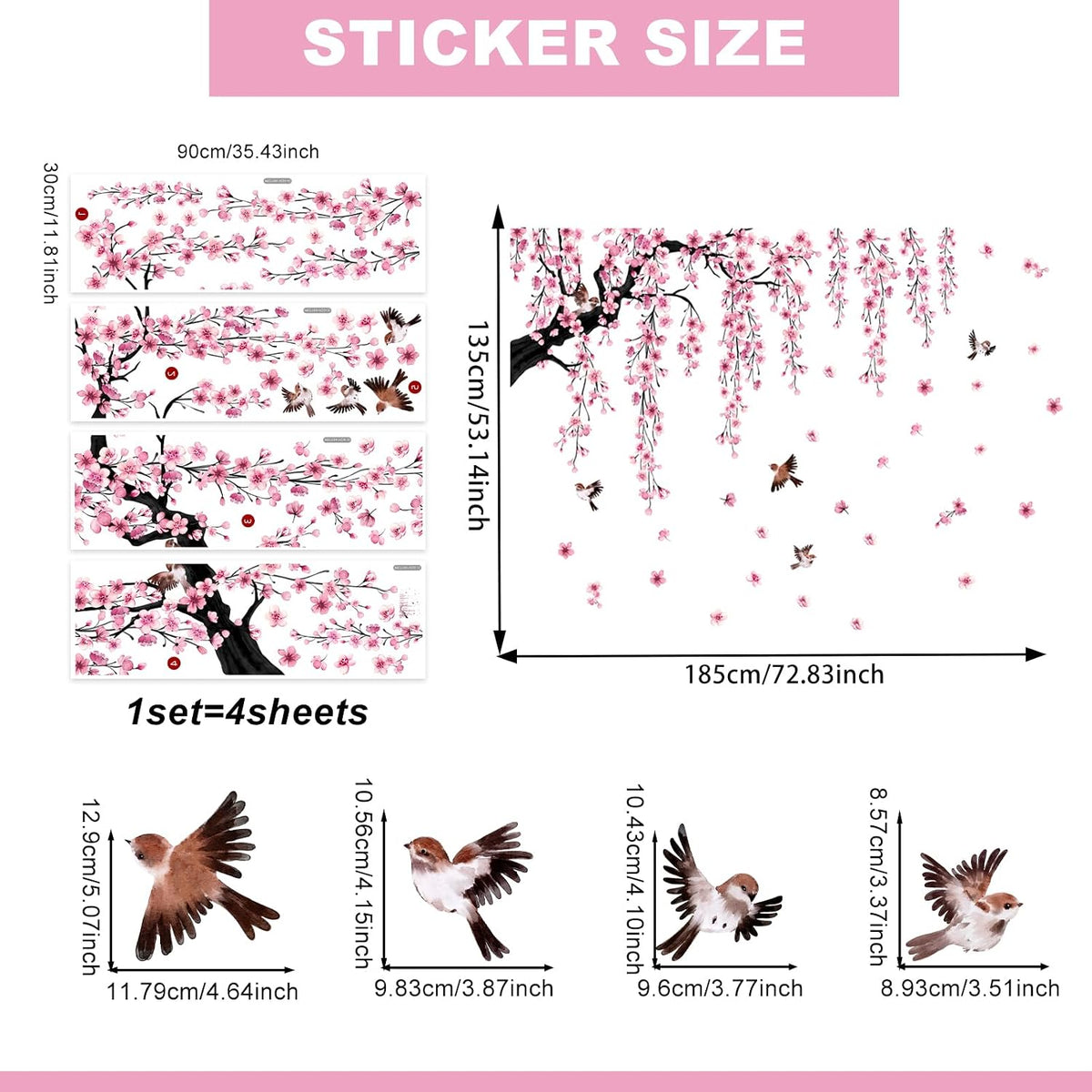 Pink Cherry Blossom Branch Wall Stickers Peel & Stick Home Decor