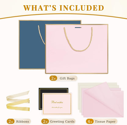 Pink & Blue Gift Bags Medium with Handles 2PCS for Wedding Birthday