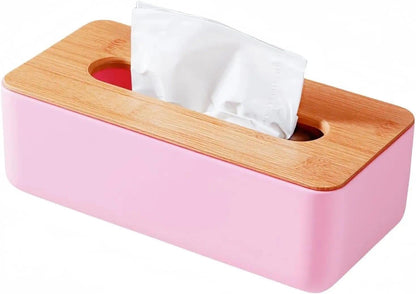 Tissue Box with Bamboo Cover,Plastic Kleenex Organizer,Bathroom Tissue Dispenser for Home,Bedroom,Office,Living Room,8.1×4.6×2.9 in (Pink)