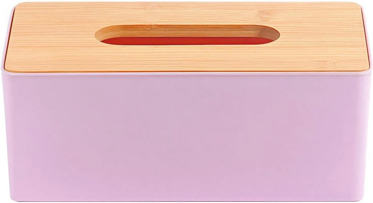 Tissue Box with Bamboo Cover,Plastic Kleenex Organizer,Bathroom Tissue Dispenser for Home,Bedroom,Office,Living Room,8.1×4.6×2.9 in (Pink)