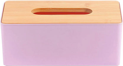 Tissue Box with Bamboo Cover,Plastic Kleenex Organizer,Bathroom Tissue Dispenser for Home,Bedroom,Office,Living Room,8.1×4.6×2.9 in (Pink)