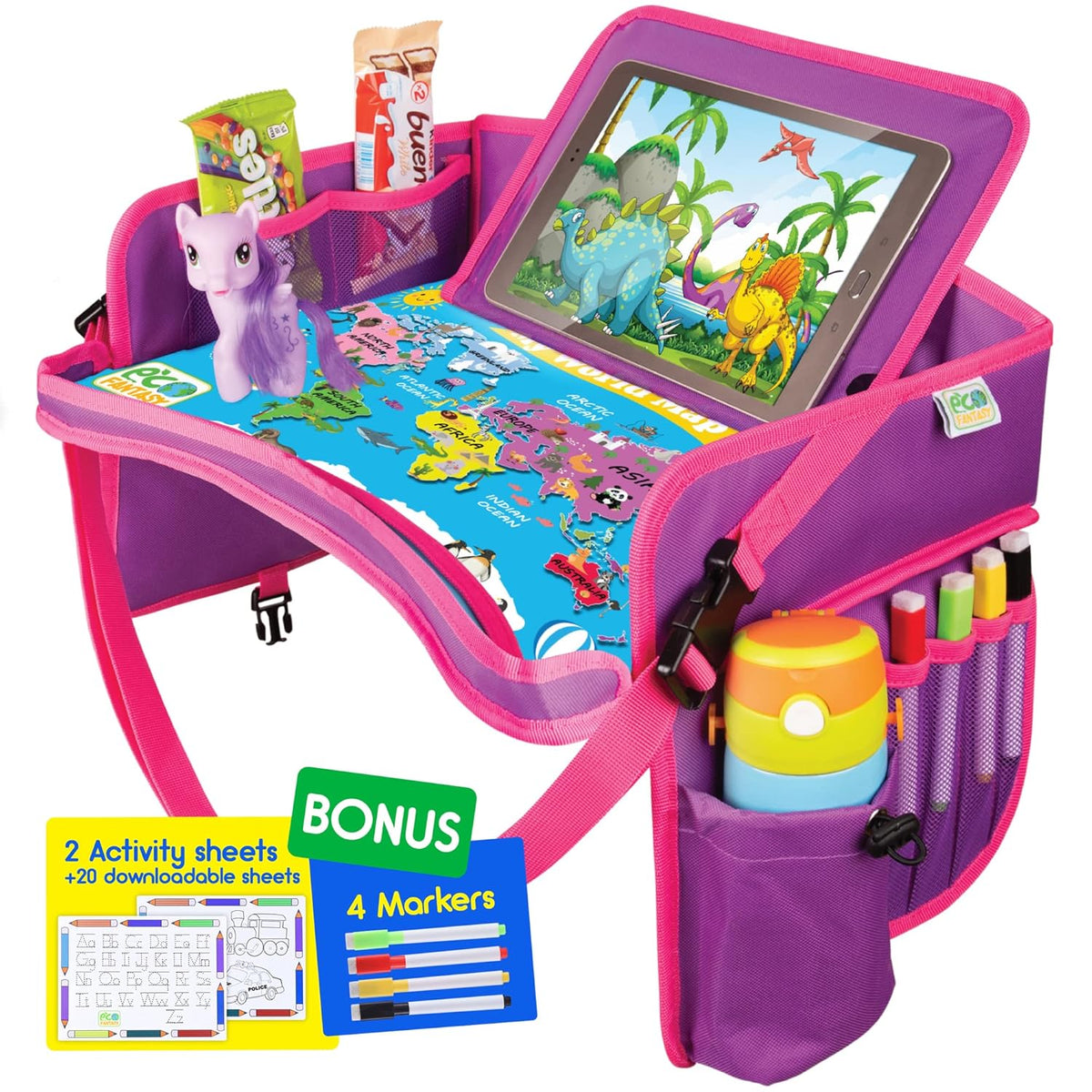 Kids Travel Tray - Toddler Car Seat Tray & Lap Desk - Pink
