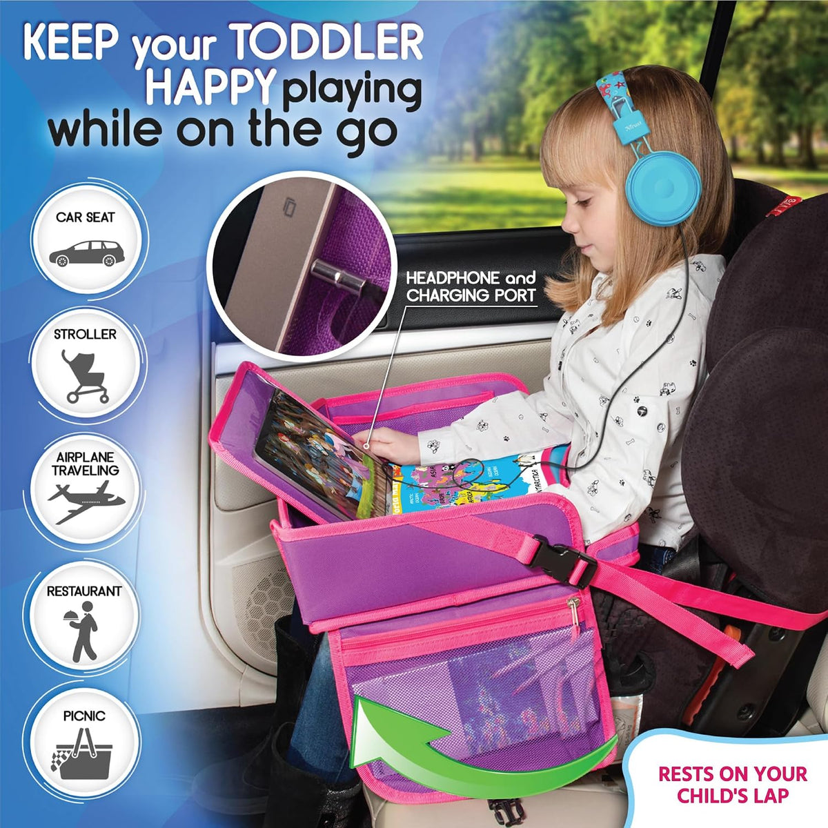 Kids Travel Tray - Toddler Car Seat Tray & Lap Desk - Pink