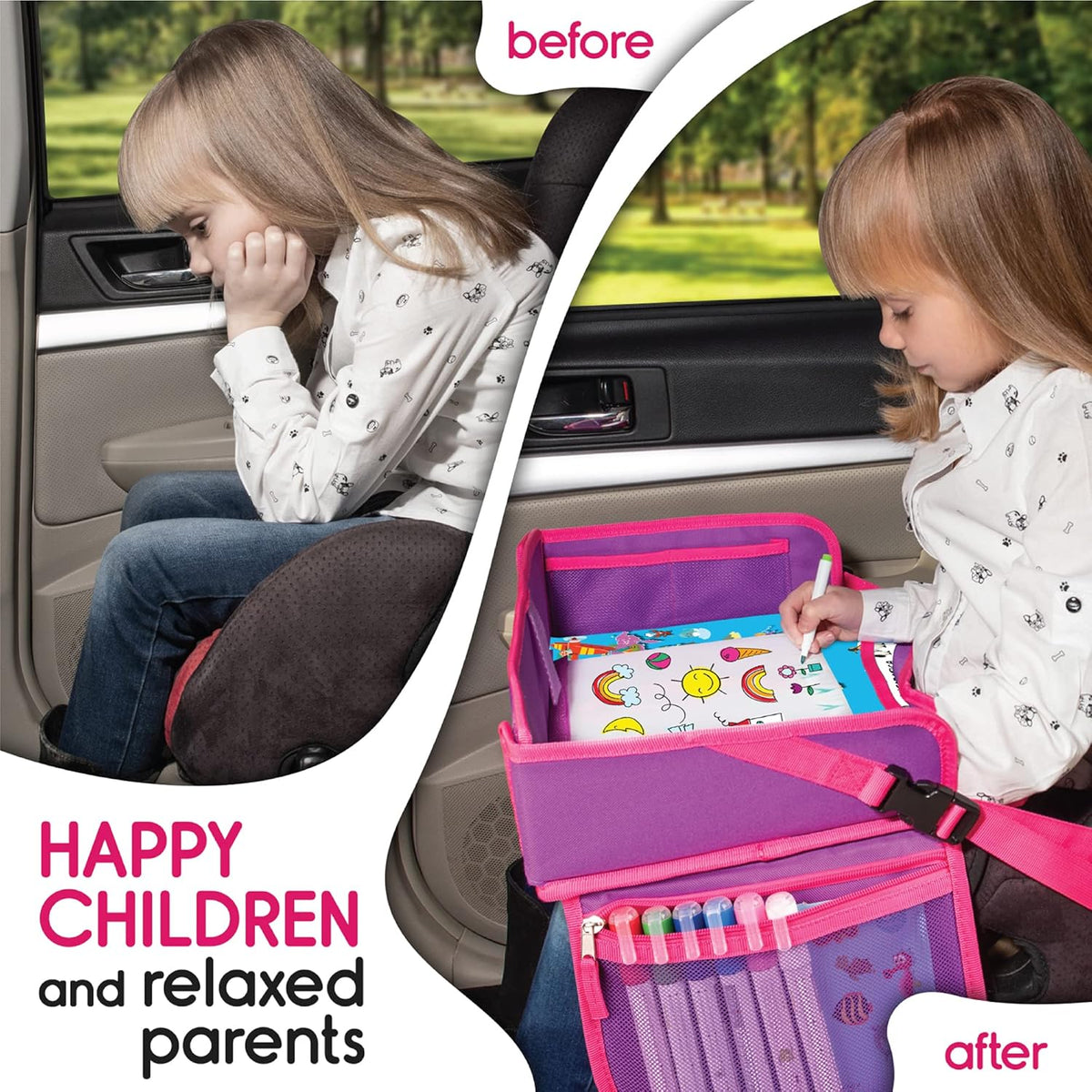 Kids Travel Tray - Toddler Car Seat Tray & Lap Desk - Pink