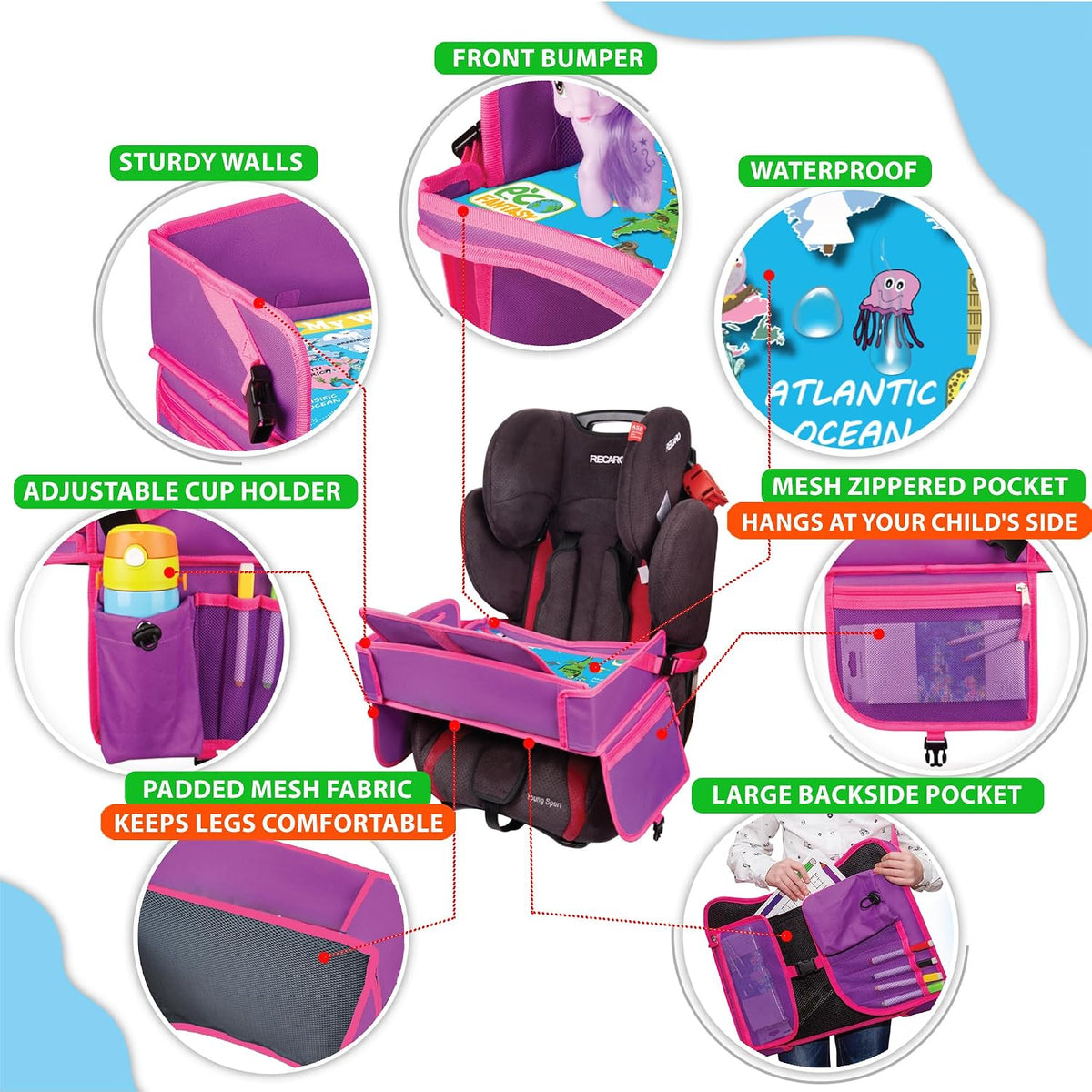 Kids Travel Tray - Toddler Car Seat Tray & Lap Desk - Pink