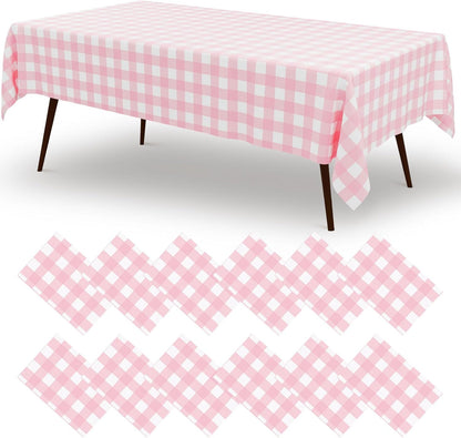 12 Packs Buffalo Disposable Table Cloth, 54 x 108 Inch Waterproof Plastic Tablecloth, Rectangle Pink and White Checkered Table Covers for Picnic, Birthday, Party, Back to School