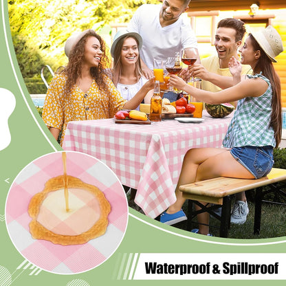 12 Packs Buffalo Disposable Table Cloth, 54 x 108 Inch Waterproof Plastic Tablecloth, Rectangle Pink and White Checkered Table Covers for Picnic, Birthday, Party, Back to School