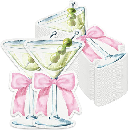 50PCS Martini Bow Party Supplies Martini Glass Shaped Napkins Pink Bow Birthday Decorations Martini Bow Disposable Bar Beverage Napkins for Girls Engagement Bridal Shower Bachelorette Party Favors