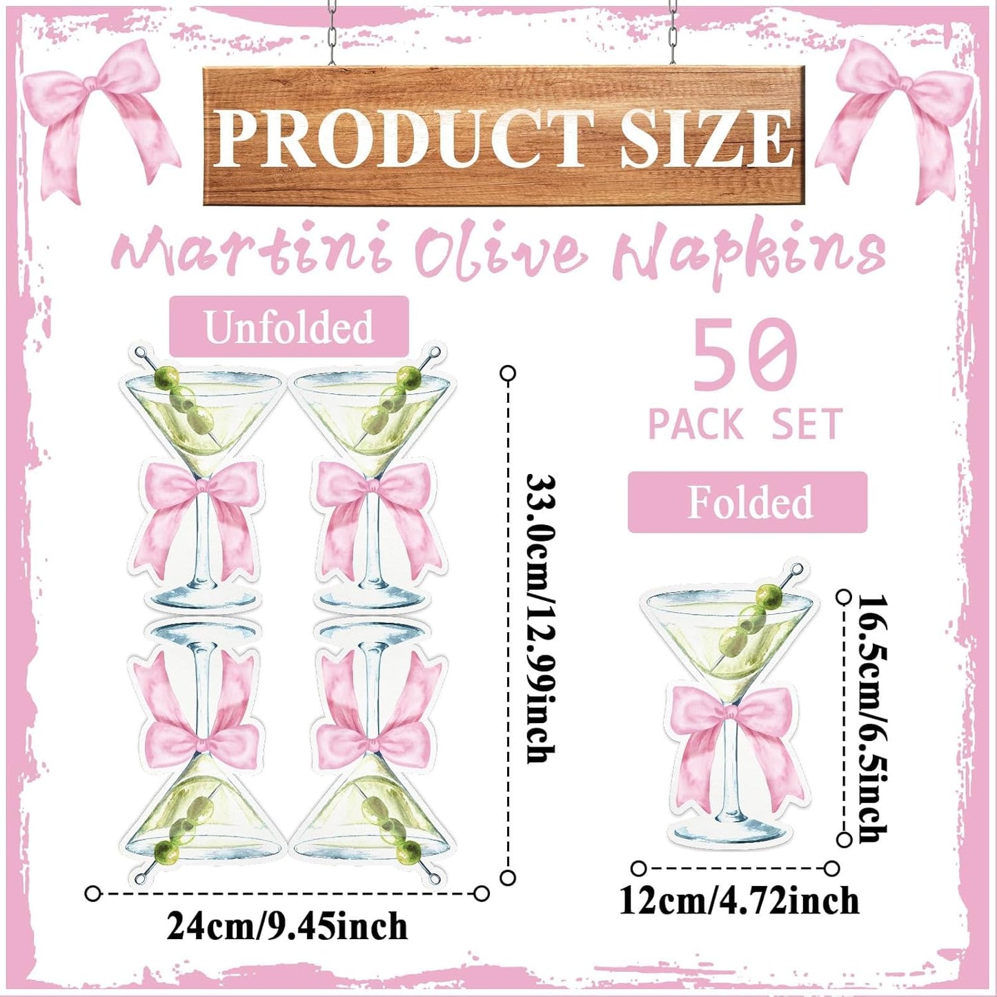 50PCS Martini Bow Party Supplies Martini Glass Shaped Napkins Pink Bow Birthday Decorations Martini Bow Disposable Bar Beverage Napkins for Girls Engagement Bridal Shower Bachelorette Party Favors