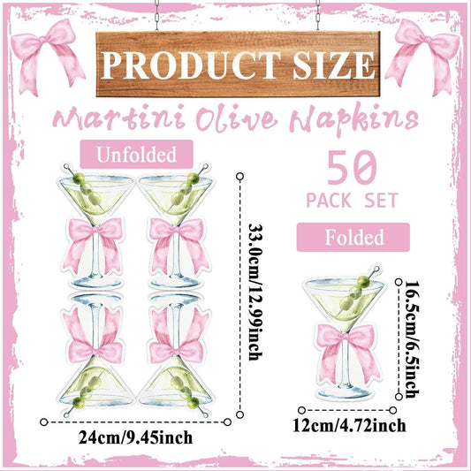 50PCS Martini Bow Party Supplies Martini Glass Shaped Napkins Pink Bow Birthday Decorations Martini Bow Disposable Bar Beverage Napkins for Girls Engagement Bridal Shower Bachelorette Party Favors