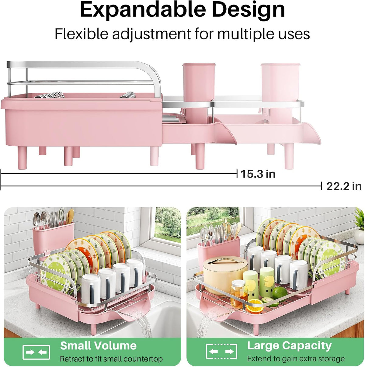 Expandable Dish Drying Rack for Small Kitchen Counter, Pink