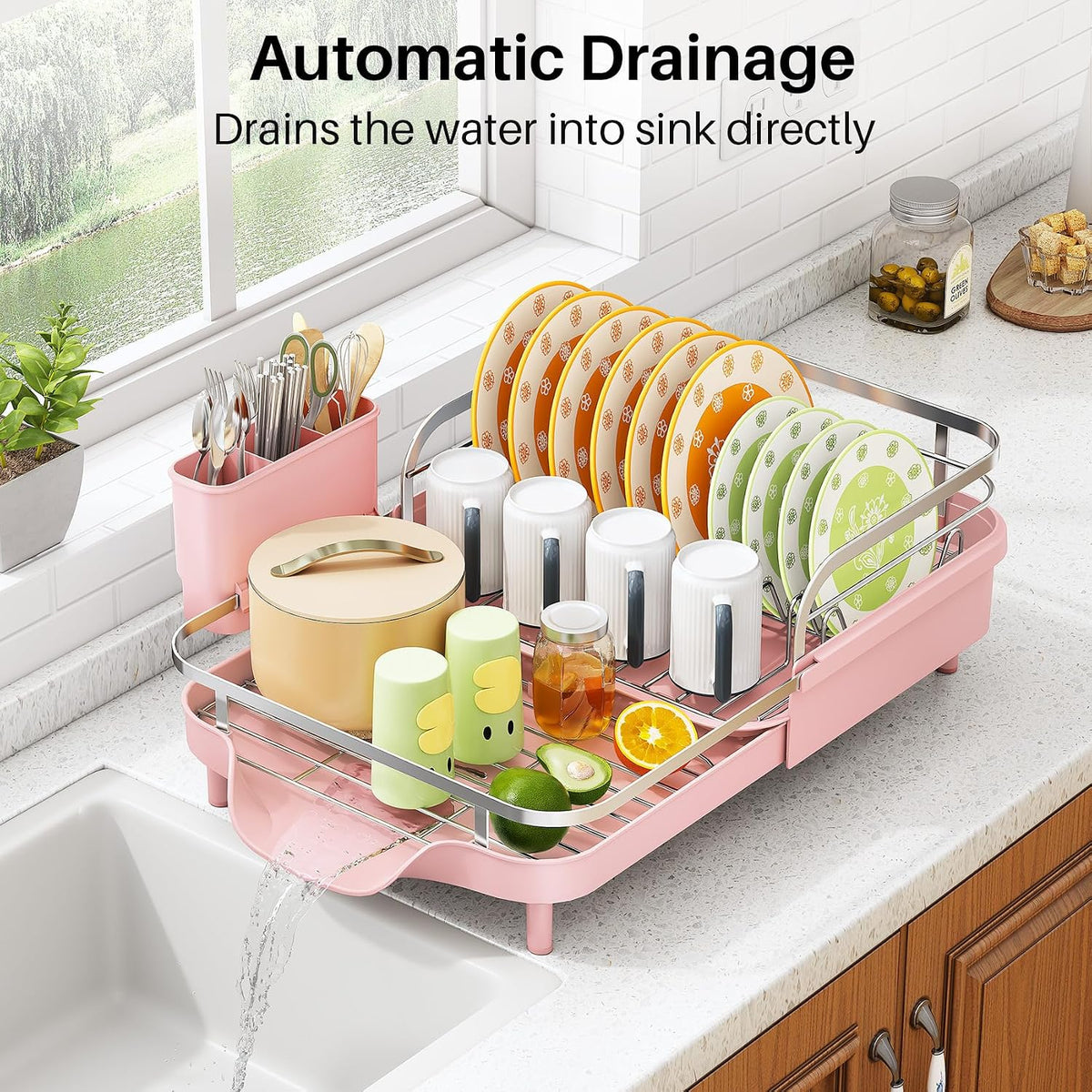 Expandable Dish Drying Rack for Small Kitchen Counter, Pink