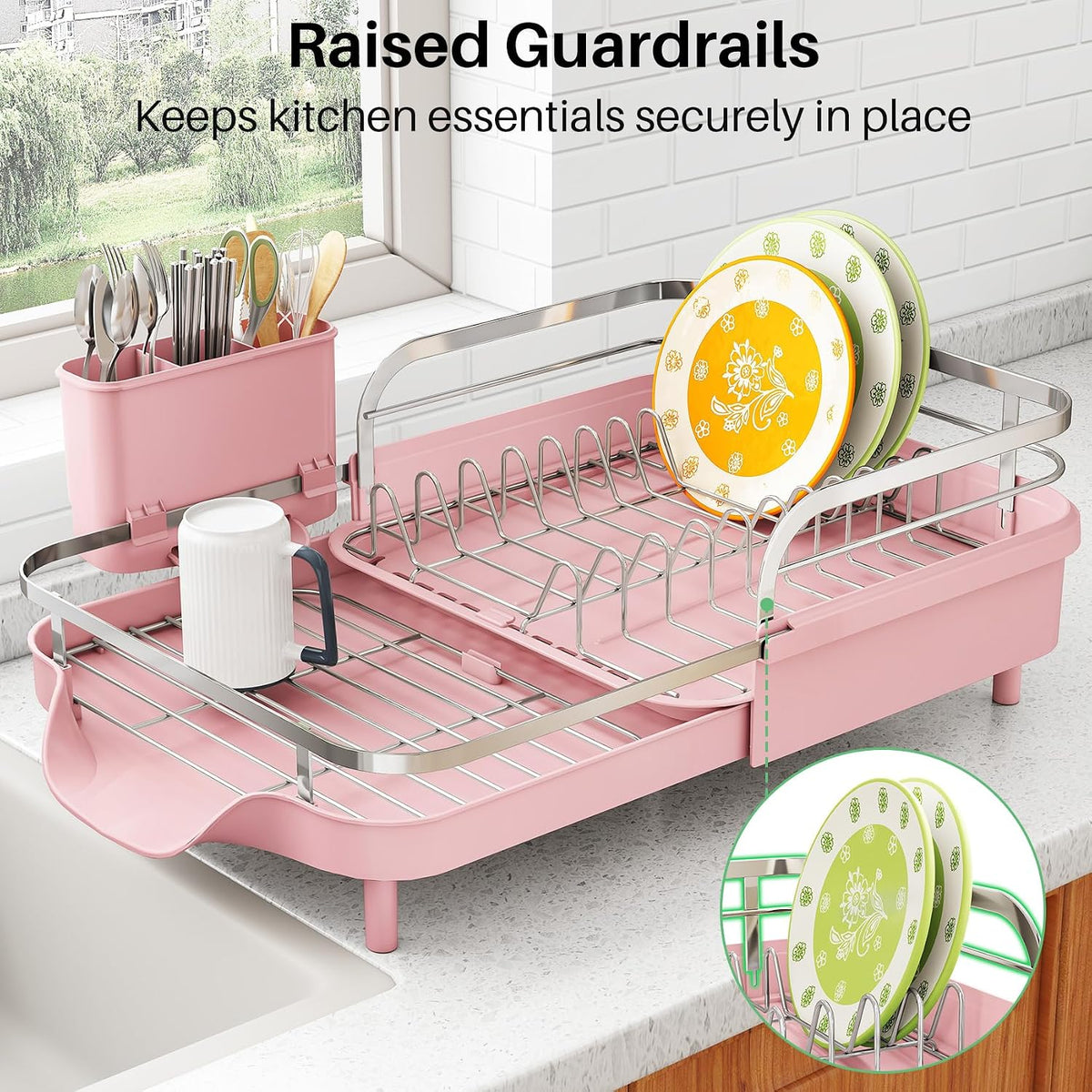 Expandable Dish Drying Rack for Small Kitchen Counter, Pink