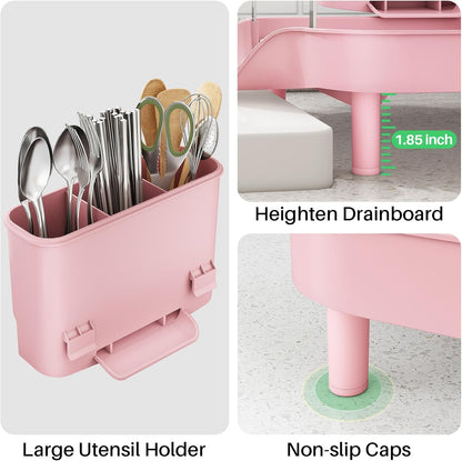 Expandable Dish Drying Rack for Small Kitchen Counter, Pink