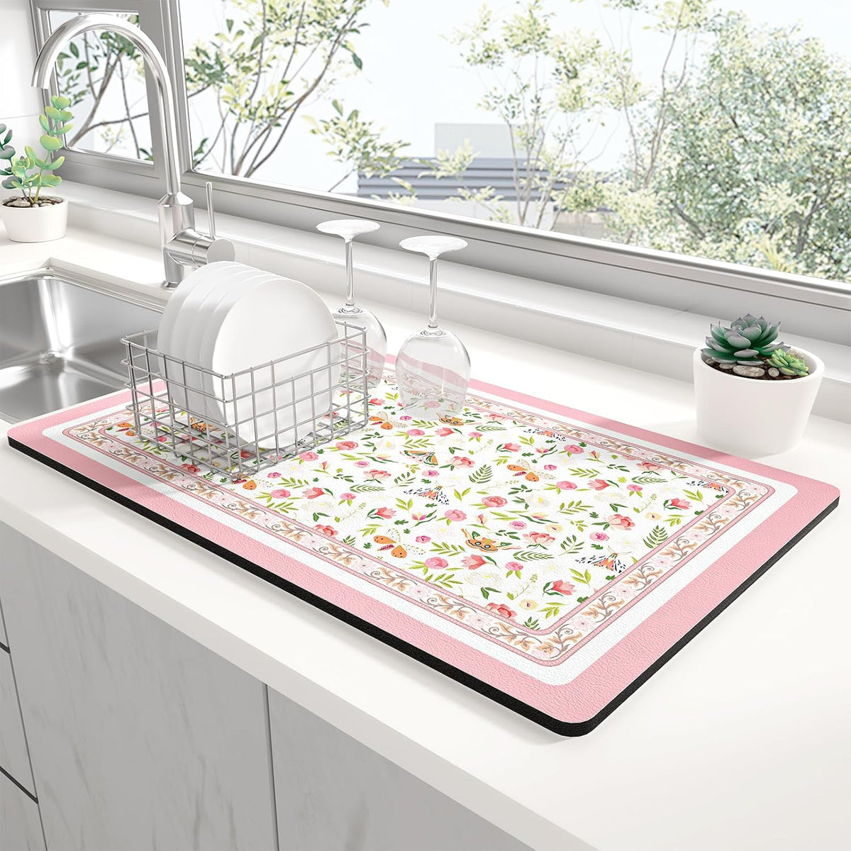 Dish Drying Mat for Kitchen Counter, 12 x 19" Cute Flower Theme Super Absorbent Draining Pad, Non-Slip Heat Resistant Coffee Bar Mats for Coffee Machine Station Accessories, Pink Dish Rack Pad