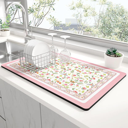 Dish Drying Mat for Kitchen Counter, 12 x 19" Cute Flower Theme Super Absorbent Draining Pad, Non-Slip Heat Resistant Coffee Bar Mats for Coffee Machine Station Accessories, Pink Dish Rack Pad