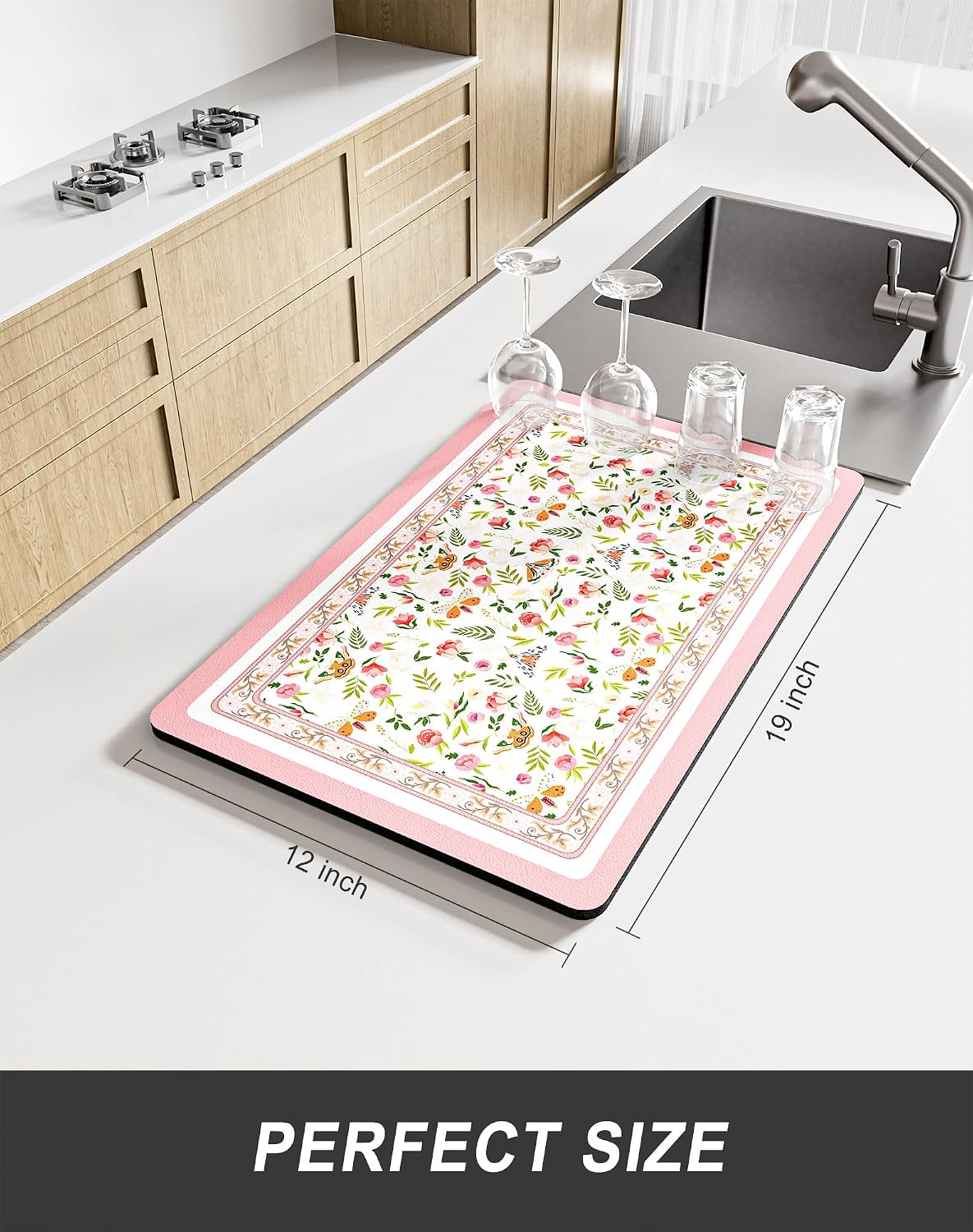 Dish Drying Mat for Kitchen Counter, 12 x 19" Cute Flower Theme Super Absorbent Draining Pad, Non-Slip Heat Resistant Coffee Bar Mats for Coffee Machine Station Accessories, Pink Dish Rack Pad